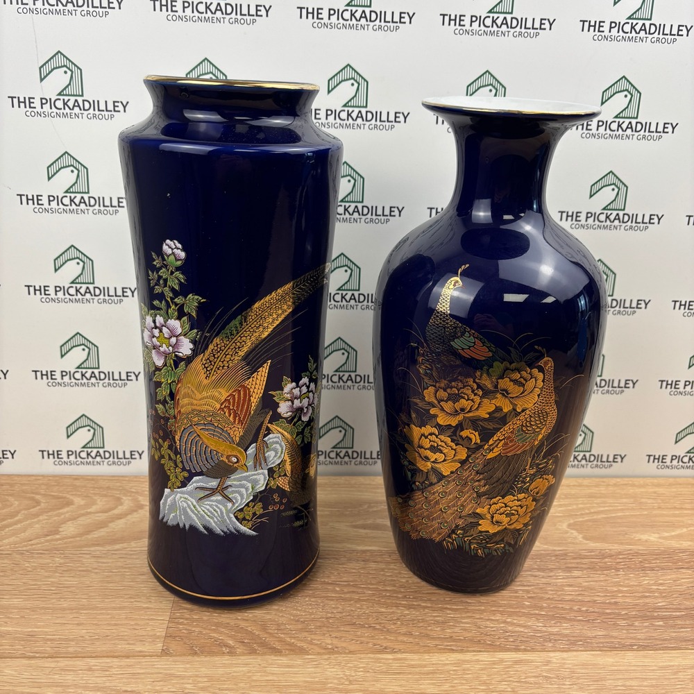 2 Heritage Mint Cobalt Blue Porcelain Peacock Vases Made in Japan Gold Rim